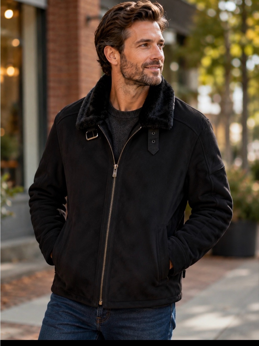 Zara Man Black Faux Suede Aviator Jacket Faux Fur Collar Unisex Medium